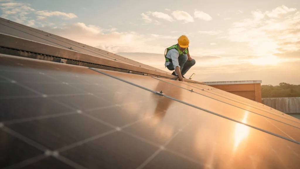 Roof with solar panels in Malta during sunset, showcasing the benefits of solar energy for homes.