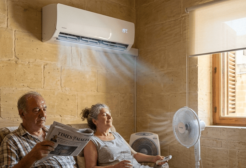 elderly couple in house in Malta with AC on