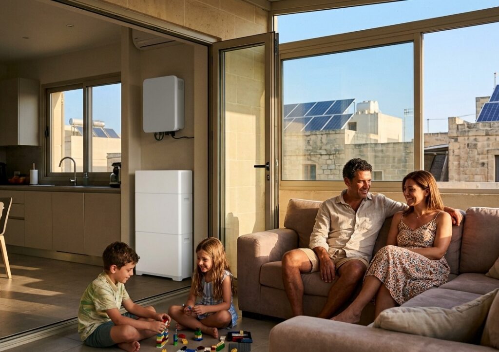 family at home in malta with solar system producing energy