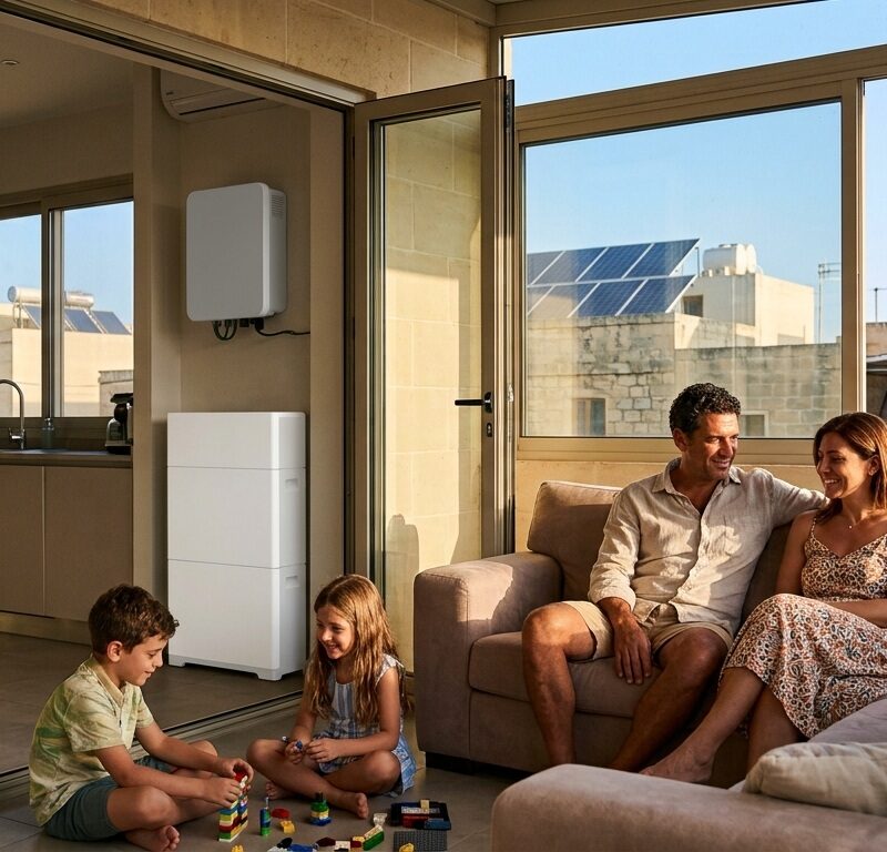 family at home in malta with solar system producing energy